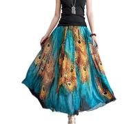 Sinono Women's Floral Maxi Chiffon Long Skirts Full Length Beach Skirt, Peacock, XL