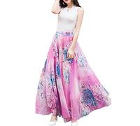 Sinono Women's Floral Maxi Chiffon Long Skirts Full Length Beach Skirt (XX-Large, Pink)