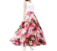 Sinono Women's Floral Maxi Chiffon Long Skirts Full Length Beach Skirt (XXX-Large, Red)
