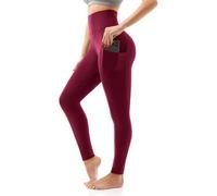 SINOPHANT High Waisted Leggings with Pockets for Women, Buttery Soft Elastic Opaque Tummy Control Stretchy Yoga Pants Trousers(#1 Pack, Wine red Side Pocket,L-XL