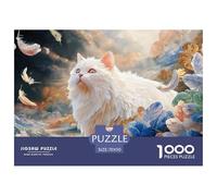Sinoshow_24085_a_white_cat_surrounded_by_blue_feathers_with_gol_fa82b656-4c67-4909-b9fd-4311fe498ecd_3 1000 Pieces Jigsaw Fun Challenging & Brainteasing Jigsaw Puzzle, Stress Releasing Family Game, B