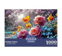 Sinoshow_24085_pink_roses_yellow_daffodils_and_blue_forget-me-n_b443445c-6c73-4bba-b91a-548ed5f55e7e_1 1000 Pieces Puzzles Impossible Hard Difficult Jigsaw Puzzle, Vibrant Imagery, Bir