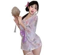 SINROYEE Japanese Sexy Anime Cosplay Outfit Kimono Cosplay Costume Halloween Outfit Maid Dress Bra And Panty Set (2 Purple)