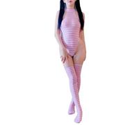 SINROYEE Women Kawaii Anime Onesie SexyCosplay Lingerie set Halter Strap Micro Bra Tiny Panty with Striped Stockings, Pink 1, One Size