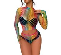 SINROYEE Womens Sexy Lingerie Set Fishnet BabyDoll Bodysuit Nightwear Christmas rainbow color, 02, One Size