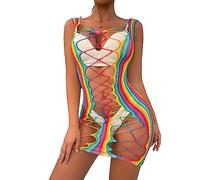 SINROYEE Womens Sexy Lingerie Set Fishnet BabyDoll Bodysuit Nightwear Christmas rainbow color, 14, One Size