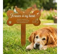 Sinseike Dog Memorial Grave Marker, Rusted Bone Paw Angel Wings Stake