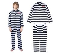 SINSEN 2PCS Prisoner Costume Men Women, Black and White Striped Prison Convict Outfit Jail Criminal Inmate Robber Pant Suit Halloween Fancy Dress Funny Overall for Adults (Medium)