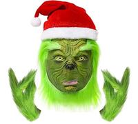 SINSEN 3PCS Christmas Grinch Mask Furry Gloves Hat Green Big Monster Latex Full Head Mask Christmas Halloween Carnival Cosplay Costume Props Fancy Dress Mask for Adults