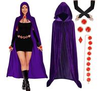 SINSEN 5PCS Raven Titans Costume Adult Women, Raven Purple Cloak Witches Cape Belt Gloves Red Gem Velvet Anime Cosplay Halloween Character Costumes for Party Carnival Festival Masquerade (130cm)