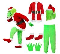 SINSEN 6PCS Grinch Costume Adult Christmas Santa Outfit Suit with Grinch Mask Gloves Hat Green Monster Funny Cosplay Fancy Dress for Men Women (Adult, Large)