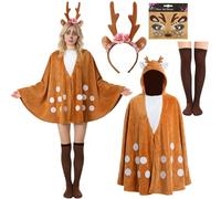 SINSEN Deer Costume Women's 4 Pieces Carnival Costumes Women with Deer Poncho Reindeer Antlers Headband Socks Face Tattoo Reindeer Carnival Costume Adult for Fancy Dress Theme Party Cosplay Party