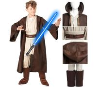 SINSEN Jedi Costume for Kids Jedi Tunic Hooded Robe Belt Lightsaber Top Pant Obi Wan Dress Up Outfit for Halloween Cosplay Party Costume for Boys Girls Ages 3-12 Years