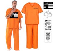 SINSEN Prisoner Costume for Adults Orange Prisoners Convict Top Trousers with Handcuffs Accessories Inmate Jail Robber Fancy Dress Halloween Cosplay Outfit for Men Women