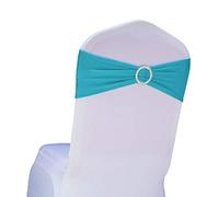 SINSSOWL 50PC Stretch Elastic Slider Chair Cover Band with Buckle for Wedding Decor Bow Lycra Chair Sashes-(Turquoise)