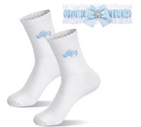 Sintege 2 Pcs Bride Gifts Bridal Blue Socks and White Wedding Garter with Ribbon Bow Elastic Lace, Something Blue for Bridal Party Night Do Bachelorette Party Accessories(Crystal Bow Wifey)