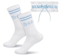 Sintege 2 Pcs Bride Gifts Bridal Blue Socks and White Wedding Garter with Ribbon Bow Elastic Lace, Something Blue for Bridal Party Night Do Bachelorette Party Accessories(Striped Sporty Bride)