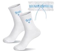 Sintege 2 Pcs Bride Gifts Bridal Blue Socks and White Wedding Garter with Ribbon Bow Elastic Lace, Something Blue for Bridal Party Night Do Bachelorette Party Accessories (Heart Bride Ribbon)