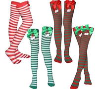 Sintege 4 Pcs Christmas Thigh High Socks for Women - Long Striped Over Knee With Bow - Girl Elf Green White Red (Striped Bow)