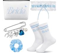 Sintege 5 Pcs Bule Bride Gifts Something Blue for the Socks Bridal Pin Blue Wedding Garter Makeup Bag and Hair Band for Bride Groom Wedding Day Gift