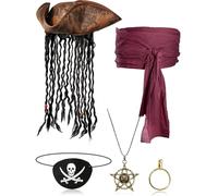 Sintege 5 Pieces Halloween Pirate Costume Set,Pirate Hat with Dreadlock Earrings Skull Necklace Eye Patch Sash for Men Women (Burgundy)
