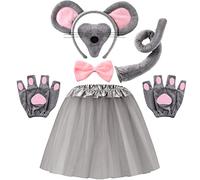 Sintege 6 Pcs Halloween Rat Costume Mouse Costume Accessory Set, Mice Headband Mouse Ears Nose Bow Tie Tail Tutu Skirt Gloves for Adult Carnival World Book Day Cosplay Party Supplies