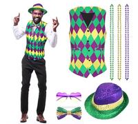 Sintege 7 Pcs Men's Mardi Gras Costume Accessories Mardi Gras Vest Hat Sequin Bow Tie Sunglasses Necklace for Carnival Cosplay Outfit for Masquerade, 1920 Retro Party, New Orleans Wedding