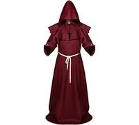 Sintege Halloween Monk Costume Medieval Hooded Monk Robe Renaissance Priest Robe Adult Wizard Costume(X Large,Red)