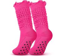 Sintege Ruffle Slouch Socks with Grips 80s Neon Women Socks for Pilates Yoga 80s 90s Halloween Christmas Costume(Rose Red)