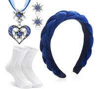 Sintege Set of 4 Beer Festival Outfit Accessories Costume Jewellery Set Women's Costume Necklace Edelweiss Stud Dirndl Headband Ruffle Costume Socks for Beer Festival Bavarian Dirndl Jewellery (Blue)