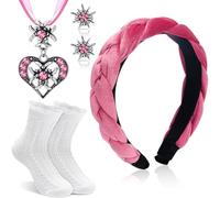 Sintege Set of 4 Beer Festival Outfit Accessories Costume Jewellery Set Women's Costume Necklace Edelweiss Stud Dirndl Headband Ruffle Costume Socks for Beer Festival Bavarian Dirndl Jewellery (Pink)