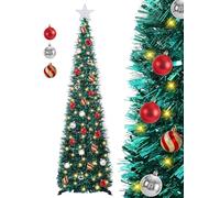 SINTENILL 5 FT Pop Up Christmas Tree with Timer Lights and Decorations, Green Tinsel Artificial Christmas Tree with 24 Balls Ornaments, Collapsible Pencil Tree for Xmas Home Office Party Decor