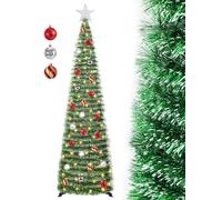 SINTENILL 5 FT Pop Up Christmas Tree with Timer Lights and Decorations, Green Tinsel Artificial Christmas Tree with 24 Balls Ornaments, Collapsible Pencil Tree for Xmas Home Office Party Decor