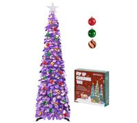 SINTENILL 5 FT Pop Up Christmas Tree with Timer Lights and Decorations, Purple Artificial Xmas Tinsel Tree with 24 Ball Ornaments, Collapsible Pencil Tree for Home, Office, Holiday Party Decor