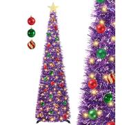 SINTENILL 5 FT Pop Up Christmas Tree with Timer Lights and Decorations, Purple Tinsel Artificial Christmas Tree with 24 Balls Ornaments, Collapsible Pencil Tree for Xmas Home Office Party Decor