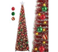 SINTENILL 5 FT Pop Up Christmas Tree with Timer Lights and Decorations, Red Tinsel Artificial Christmas Tree with 24 Balls Ornaments, Collapsible Pencil Tree for Xmas Home Office Party Decor