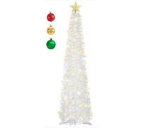 SINTENILL 5 FT Pop Up Christmas Tree with Timer Lights and Decorations, White Tinsel Artificial Christmas Tree with 24 Balls Ornaments, Collapsible Pencil Tree for Xmas Home Office Party Decor