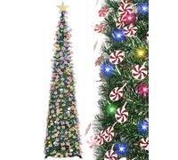 SINTENILL 6 FT Candy Cane Pop Up Christmas Tree with 100 LED Timer Lights & Remote, Collapsible Christmas Tinsel Tree Artificial Pencil Tree Xmas Decoration for Holiday Home Office Party, USB Powered