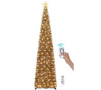 SINTENILL 6 FT Pop Up Christmas Tree with 100 LED Timer Lights & Remote, Gold Collapsible Christmas Tinsel Tree Artificial Pencil Tree Xmas Decoration for Holiday Home Office Party, USB Powered