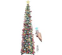 SINTENILL 6 FT Pop Up Christmas Tree with 100 LED Timer Lights & Remote, Green Collapsible Christmas Tinsel Tree Artificial Pencil Tree Xmas Decoration for Holiday Home Office Party, USB Powered