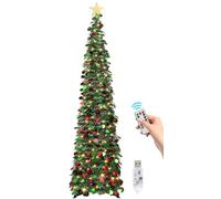 SINTENILL 6 FT Pop Up Christmas Tree with 100 LED Timer Lights & Remote, Green Collapsible Christmas Tinsel Tree Artificial Pencil Tree Xmas Decoration for Holiday Home Office Party, USB Powered