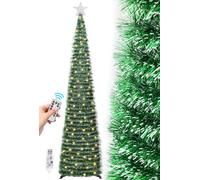 SINTENILL 6 FT Pop Up Christmas Tree with 100 LED Timer Lights & Remote, Green Collapsible Christmas Tinsel Tree Artificial Pencil Tree Xmas Decoration for Holiday Home Office Party, USB Powered