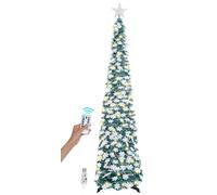 SINTENILL 6 FT Pop Up Christmas Tree with 100 LED Timer Lights & Remote, Green Collapsible Christmas Tinsel Tree Artificial Pencil Tree Xmas Decoration for Holiday Home Office Party, USB Powered