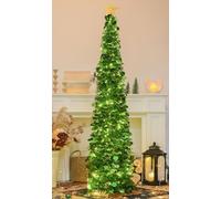 SINTENILL 6 FT Pop Up Christmas Tree with 100 LED Timer Lights & Remote, Green Collapsible Christmas Tinsel Tree Artificial Pencil Tree Xmas Decoration for Holiday Home Office Party, USB Powered