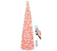 SINTENILL 6 FT Pop Up Christmas Tree with 100 LED Timer Lights & Remote, Pink Collapsible Christmas Tinsel Tree Artificial Pencil Tree Xmas Decoration for Holiday Home Office Party, USB Powered