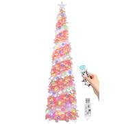 SINTENILL 6 FT Pop Up Christmas Tree with 100 LED Timer Lights & Remote, Pink White Collapsible Christmas Tinsel Tree Artificial Pencil Tree Xmas Decor for Holiday Home Office Party, USB Powered