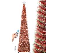 SINTENILL 6 FT Pop Up Christmas Tree with 100 LED Timer Lights & Remote, Red Collapsible Christmas Tinsel Tree Artificial Pencil Tree Xmas Decoration for Holiday Home Office Party, USB Powered