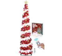 SINTENILL 6 FT Pop Up Christmas Tree with 100 LED Timer Lights & Remote, Red White Collapsible Christmas Tinsel Tree Artificial Pencil Tree Xmas Decor for Holiday Home Office Party, USB Powered