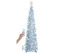 SINTENILL 6 FT Pop Up Christmas Tree with 100 LED Timer Lights & Remote, Silver Collapsible Christmas Tinsel Tree Artificial Pencil Tree Xmas Decoration for Holiday Home Office Party, USB Powered