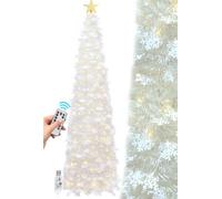 SINTENILL 6 FT Pop Up Christmas Tree with 100 LED Timer Lights & Remote, White Collapsible Christmas Tinsel Tree Artificial Pencil Tree Xmas Decoration for Holiday Home Office Party, USB Powered